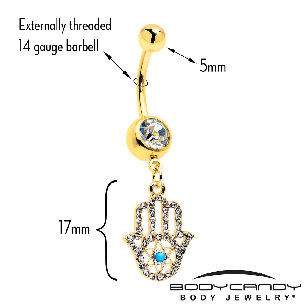 BodyCandy Clear CZ Gem Gold Tone Anodized Hamsa Hand Star Dangle Belly Ring — detail close-up