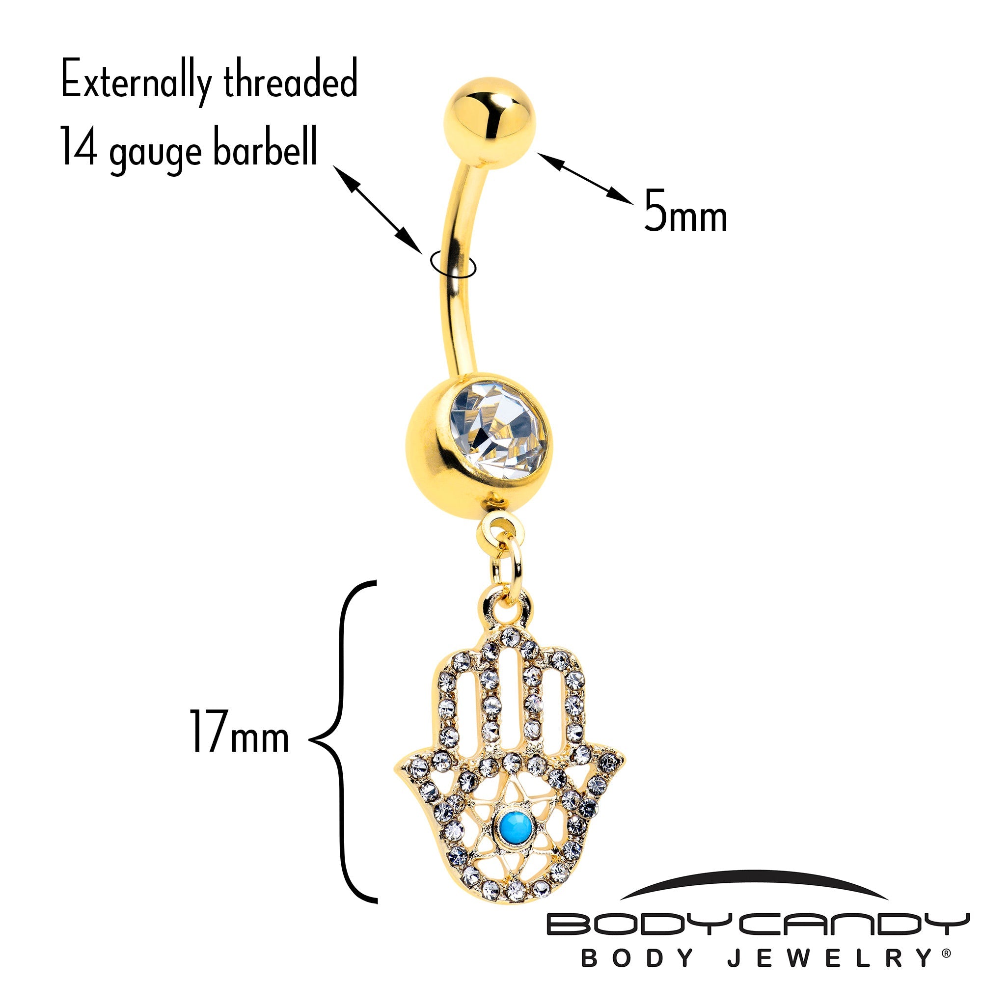 BodyCandy Clear CZ Gem Gold Tone Anodized Hamsa Hand Star Dangle Belly Ring — detail close-up