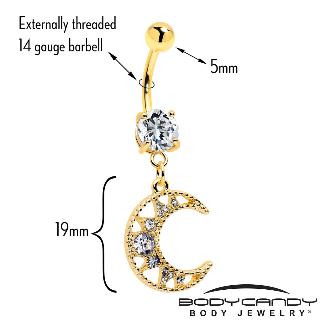 BodyCandy Clear CZ Gem Gold Tone Anodized Crescent Moon Glam Dangle Belly Ring — detail close-up
