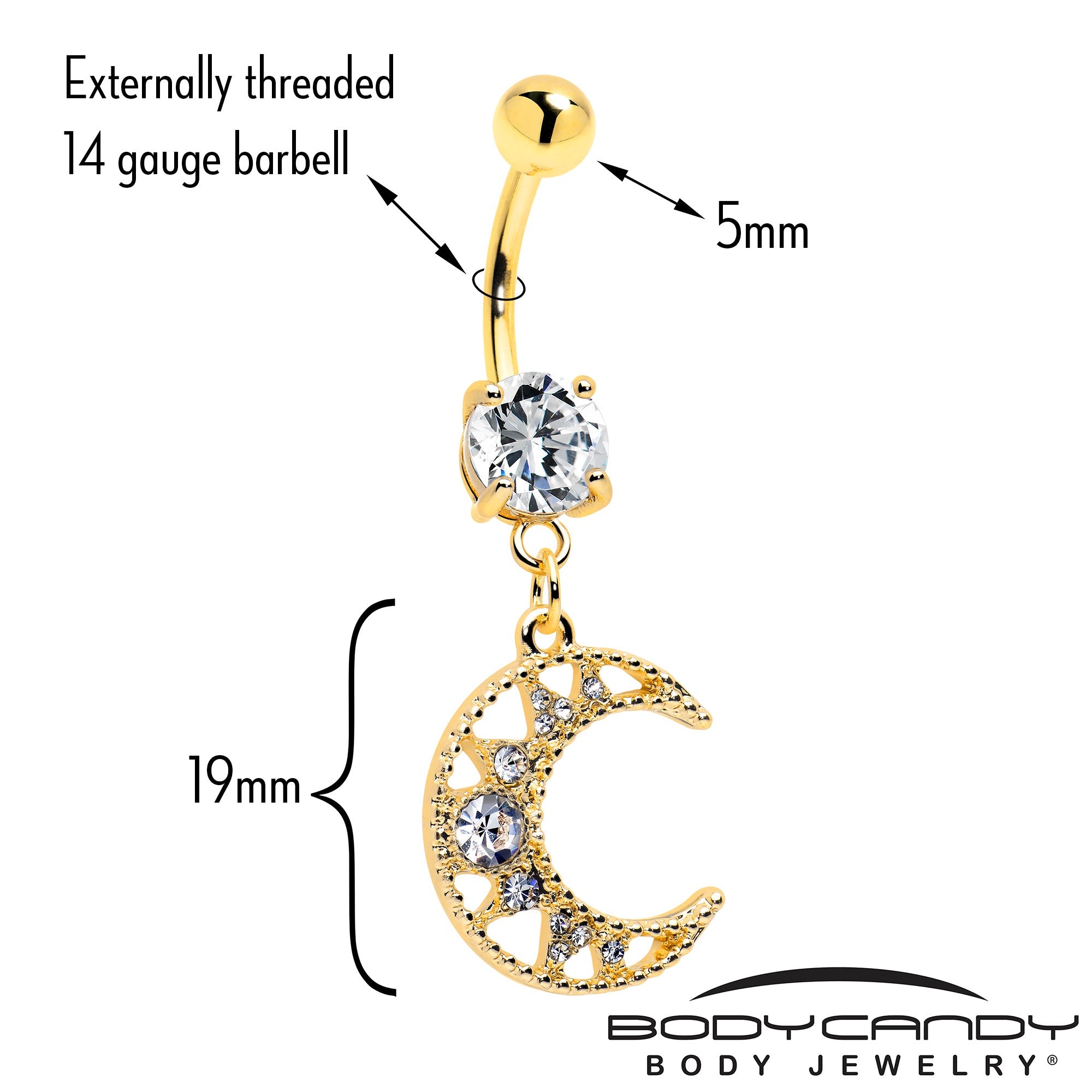 BodyCandy Clear CZ Gem Gold Tone Anodized Crescent Moon Glam Dangle Belly Ring — detail close-up