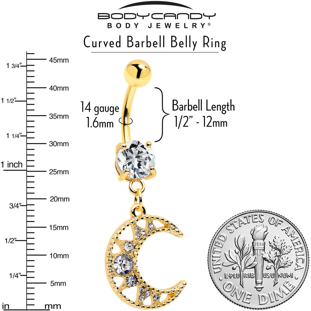 BodyCandy Clear CZ Gem Gold Tone Anodized Crescent Moon Glam Dangle Belly Ring — lifestyle context