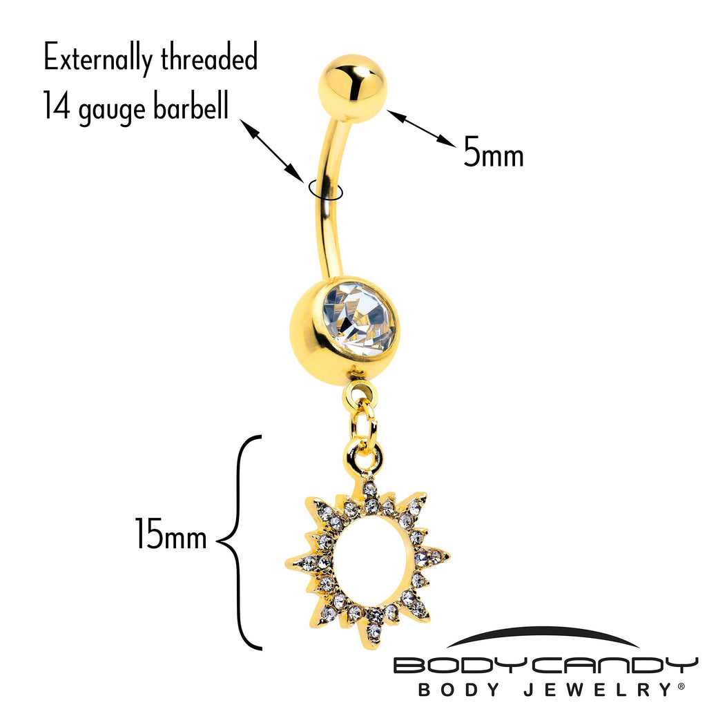 BodyCandy Clear CZ Gem Gold Tone Anodized Open Sun Dangle Belly Ring — detail close-up