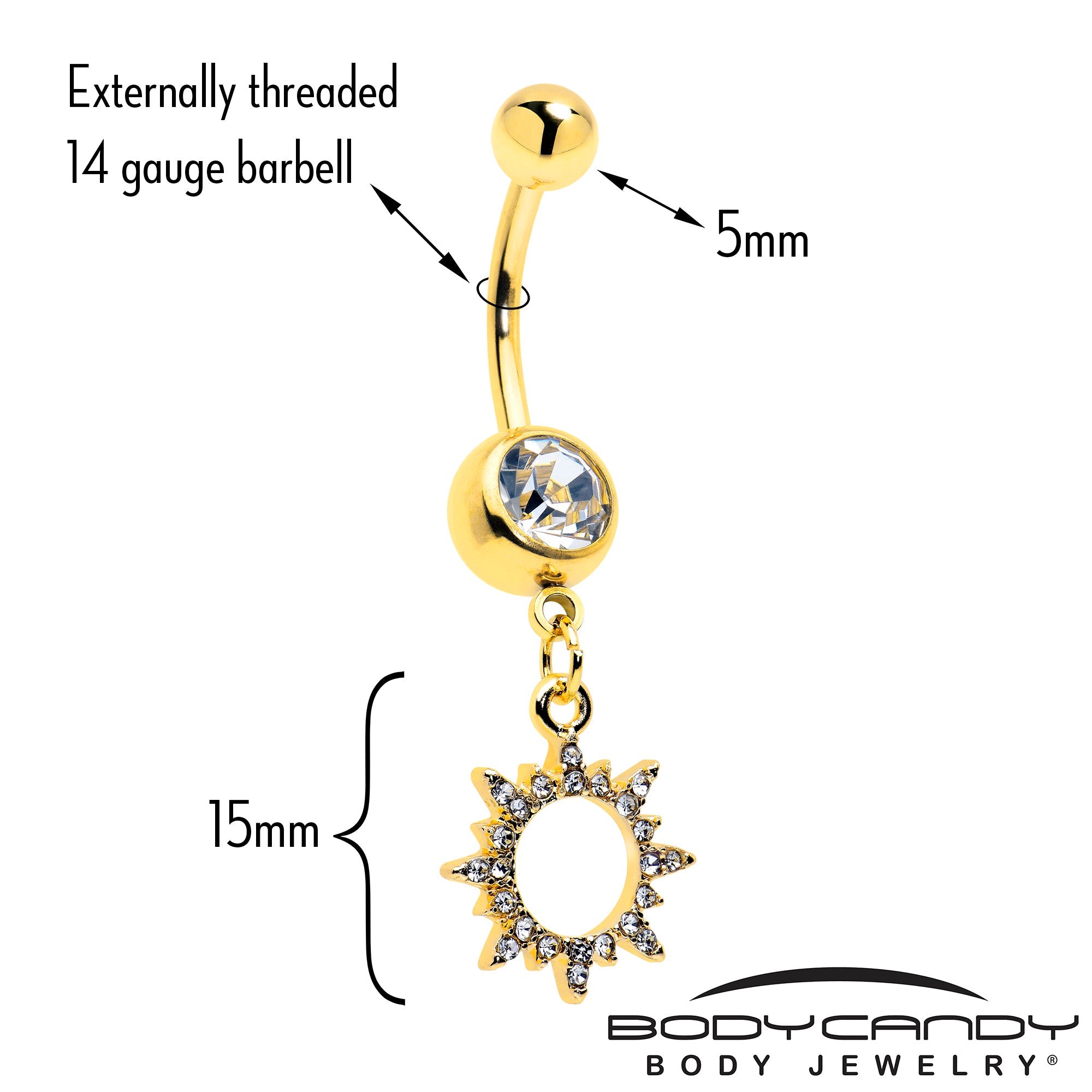 BodyCandy Clear CZ Gem Gold Tone Anodized Open Sun Dangle Belly Ring — detail close-up