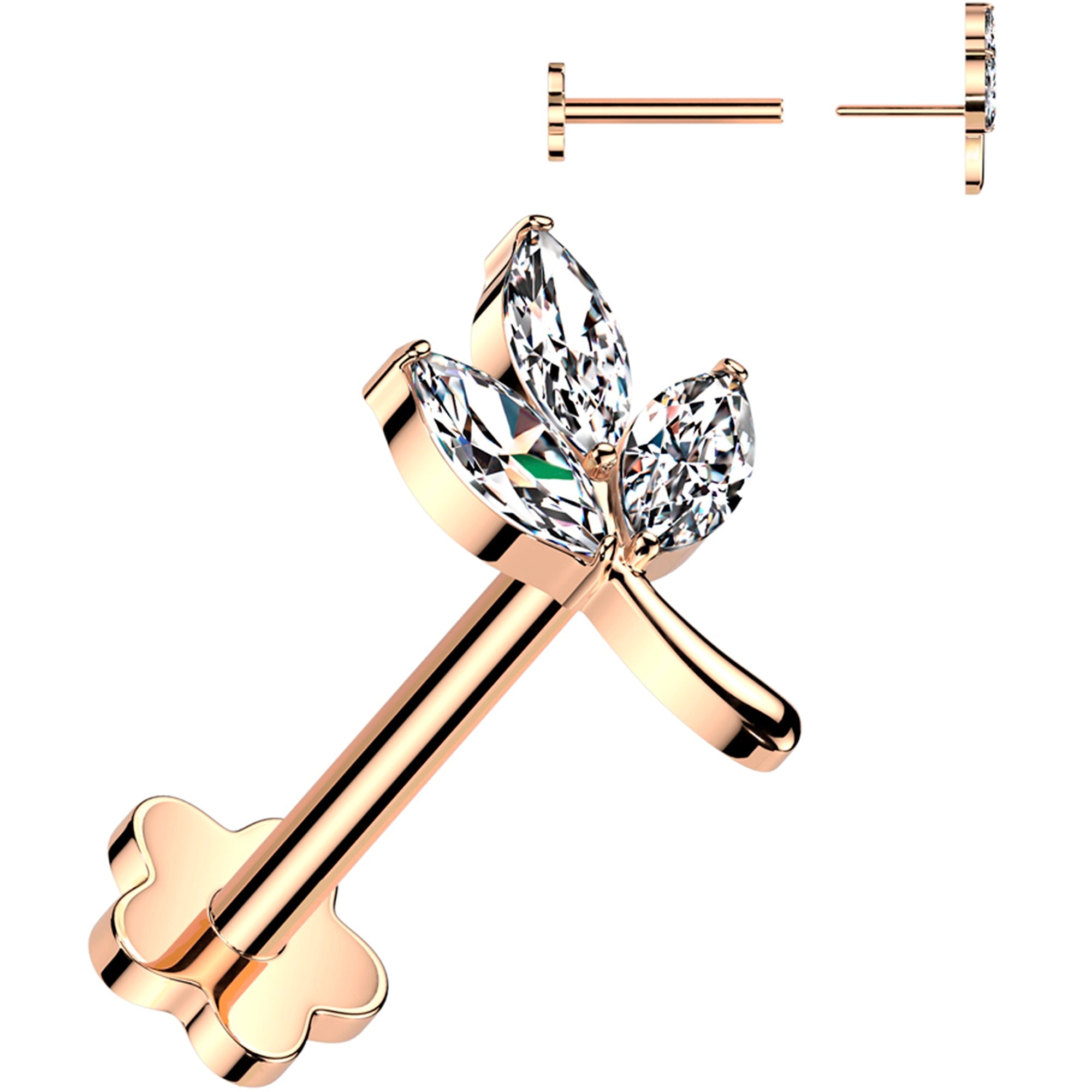 BodyCandy 16G 5/16 CZ Gem Leaves Rose Gold PVD Medical Grade Titanium Reversible Flat Back Earring — main product shot