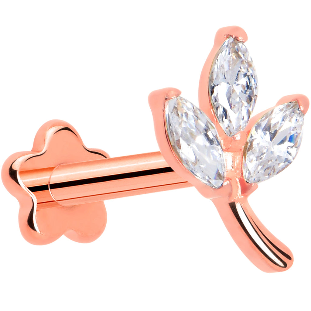 BodyCandy 16G 5/16 CZ Gem Leaves Rose Gold PVD Medical Grade Titanium Reversible Flat Back Earring — detail close-up