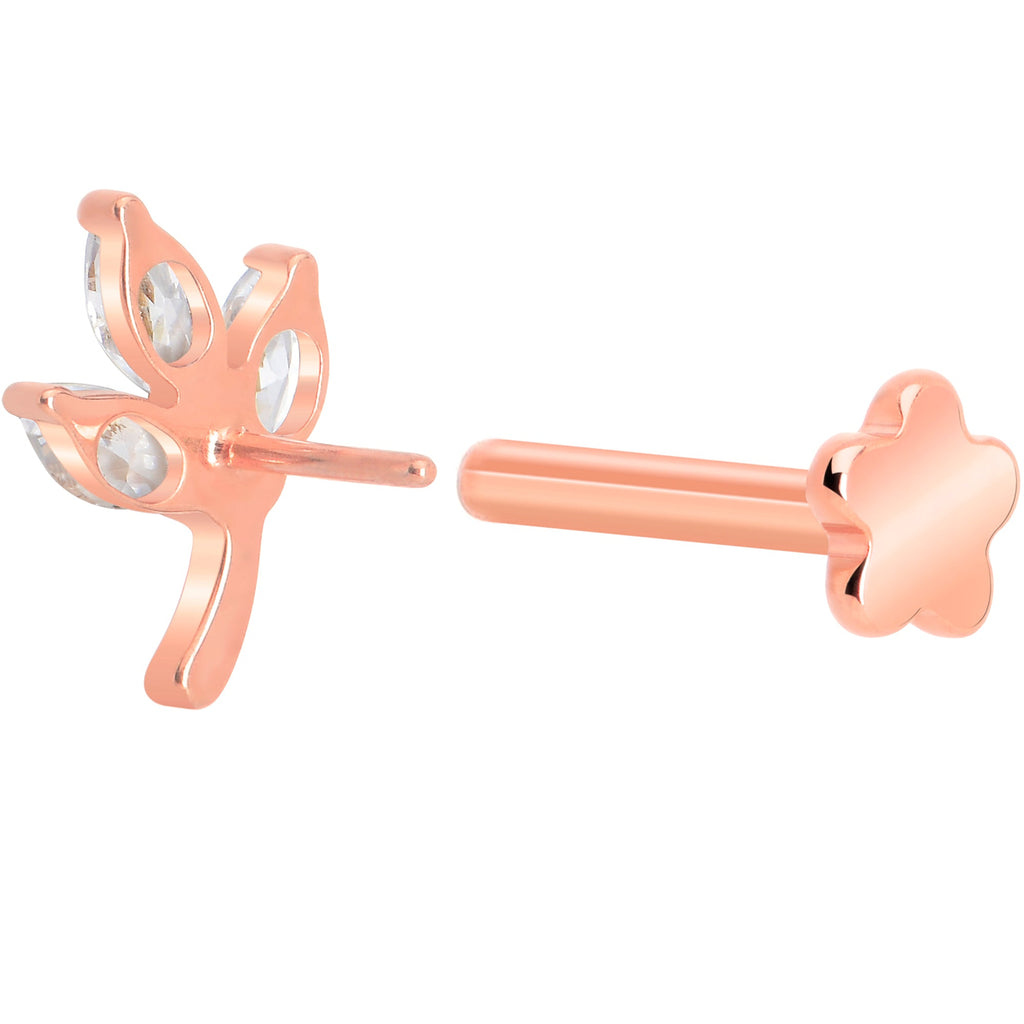 BodyCandy 16G 5/16 CZ Gem Leaves Rose Gold PVD Medical Grade Titanium Reversible Flat Back Earring — back view