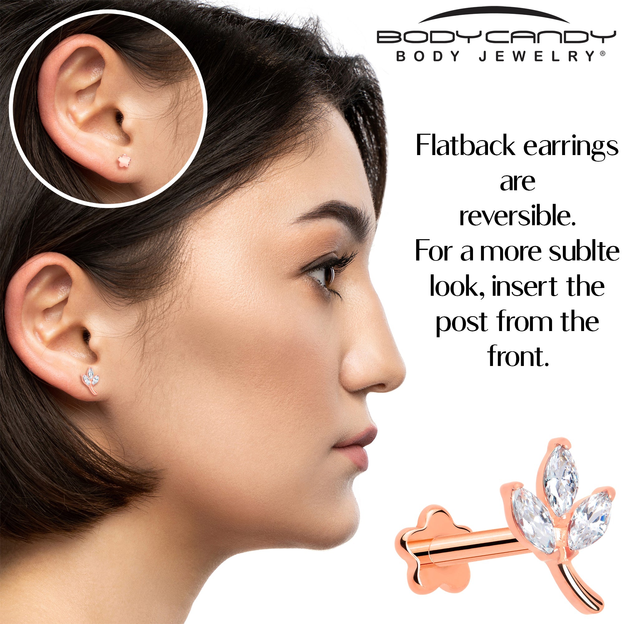 BodyCandy 16G 5/16 CZ Gem Leaves Rose Gold PVD Medical Grade Titanium Reversible Flat Back Earring — in-use photo