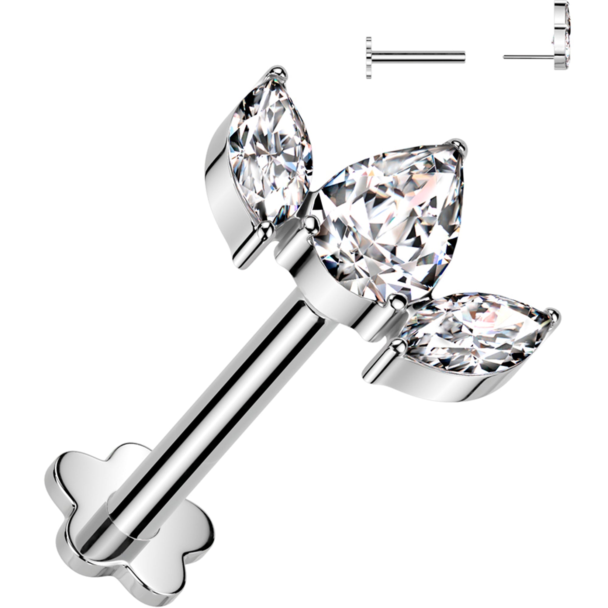 BodyCandy 18G 5/16 Clear CZ Gem Oval Trio Medical Grade Titanium Reversible Flat Back Earring — main product shot