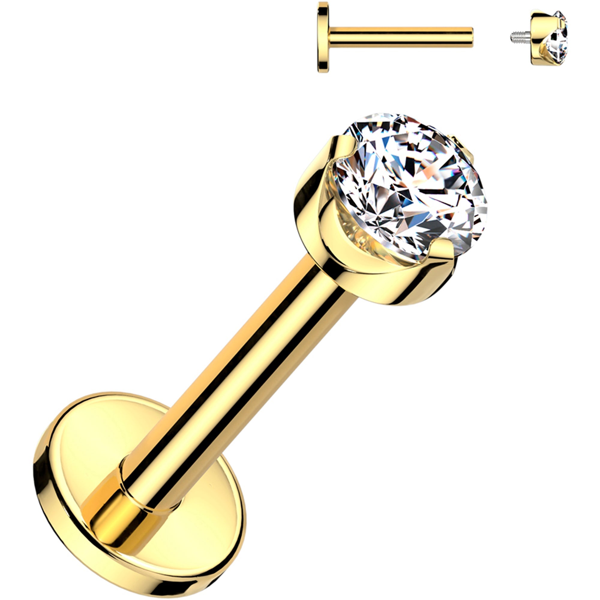BodyCandy 16G 1/4 3mm Clear CZ Round Gold PVD Medical Grade Titanium Flat Back Earring — main product shot
