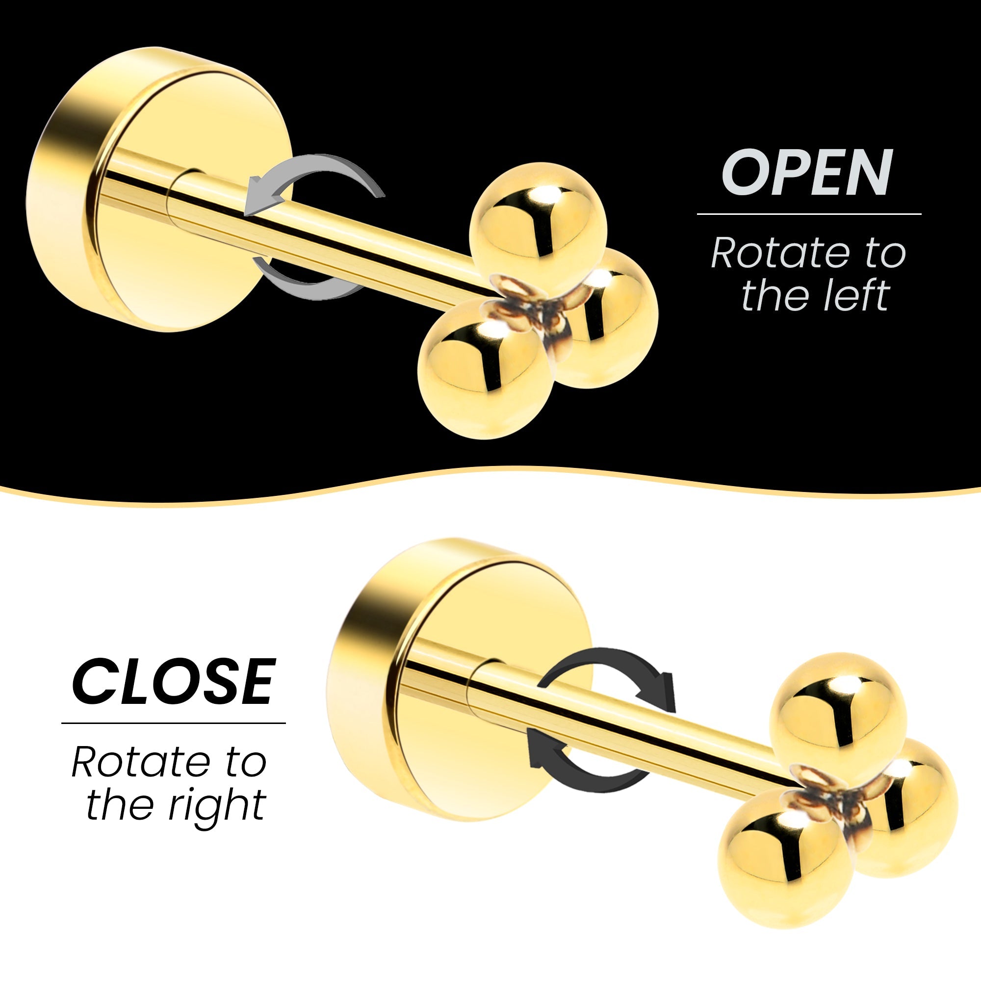 BodyCandy 14k Yellow Gold Plated 3mm Trinity Ball Flat Back Stud Earrings - 1 Pair — back view