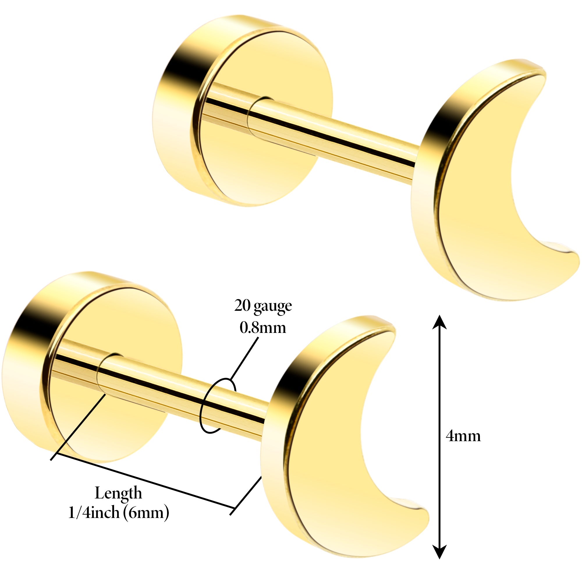 BodyCandy 14k Yellow Gold Plated 4mm Crescent Moon Flat Back Stud Earrings - 1 Pair — detail close-up