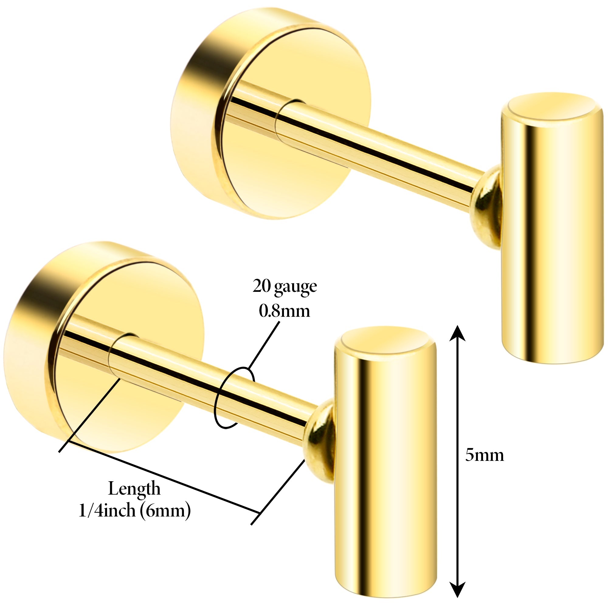 BodyCandy 14k Yellow Gold Plated Straight Barbell Ball Flat Back Stud Earrings - 1 Pair — detail close-up