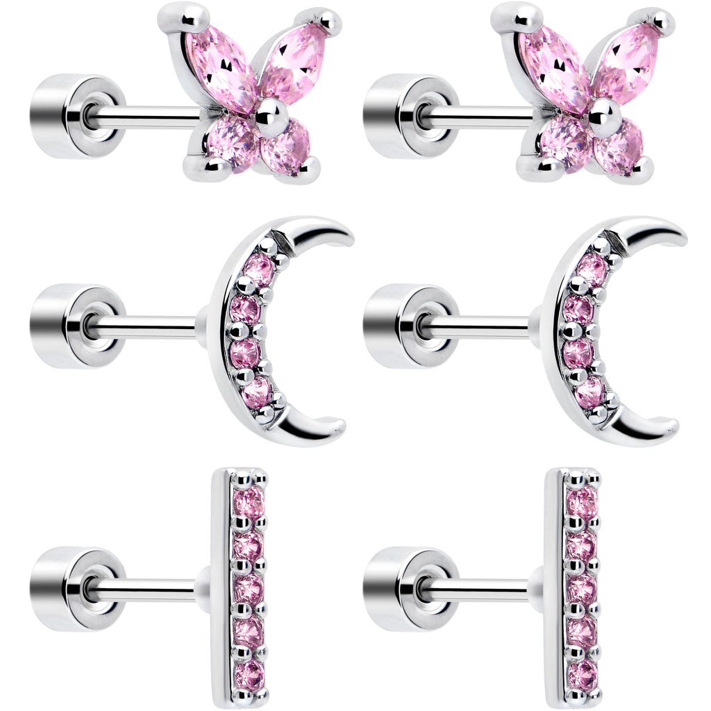 BodyCandy Pink CZ Celestial Butterfly Flat Back Stud Earrings - 3 Pairs — main product shot