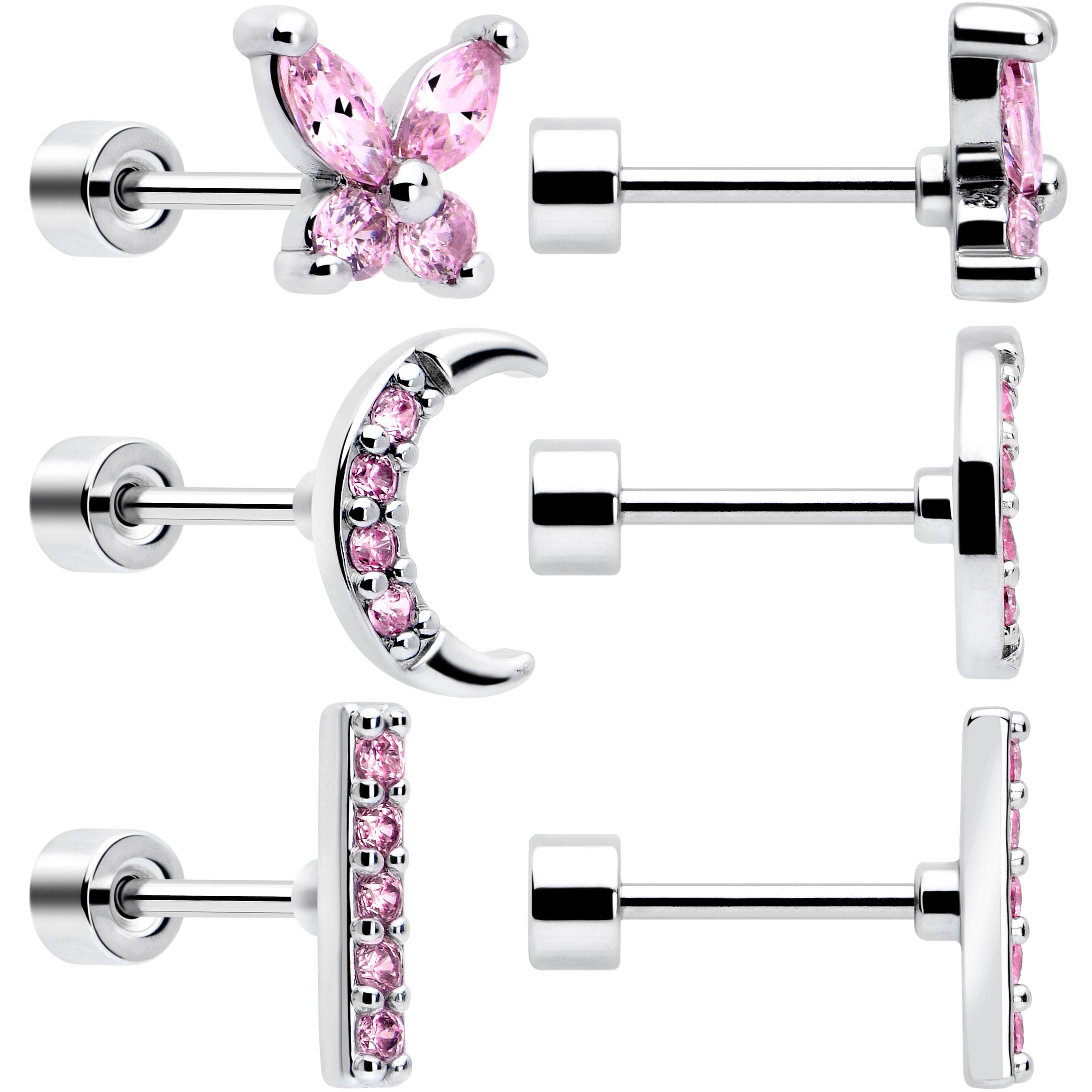 BodyCandy Pink CZ Celestial Butterfly Flat Back Stud Earrings - 3 Pairs — detail close-up