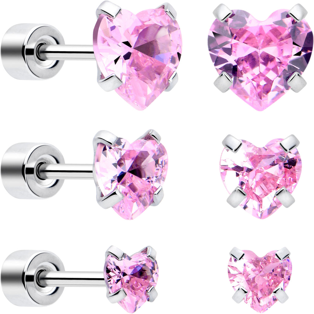 BodyCandy Pink Heart CZ Flat Back Stud Earrings - 3 Pairs — main product shot