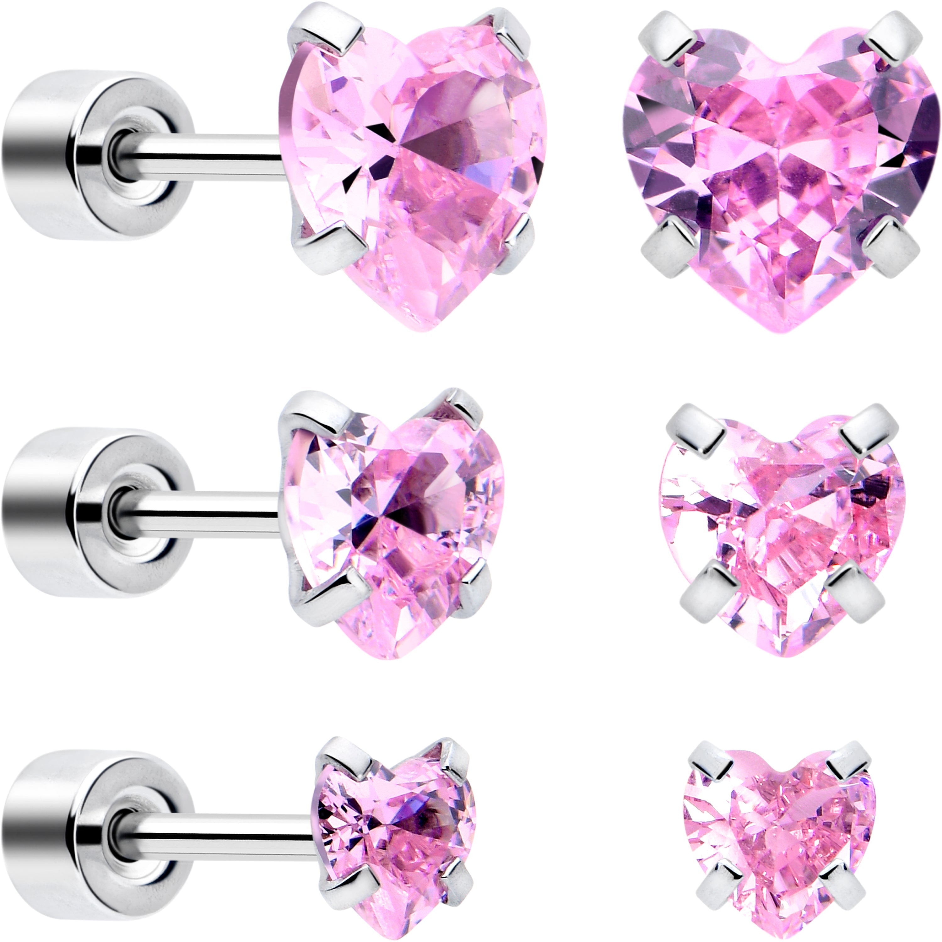BodyCandy Pink Heart CZ Flat Back Stud Earrings - 3 Pairs — main product shot