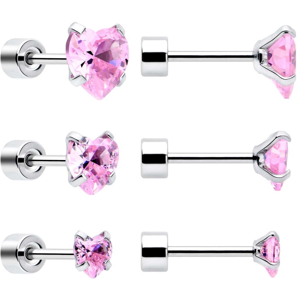 BodyCandy Pink Heart CZ Flat Back Stud Earrings - 3 Pairs — detail close-up