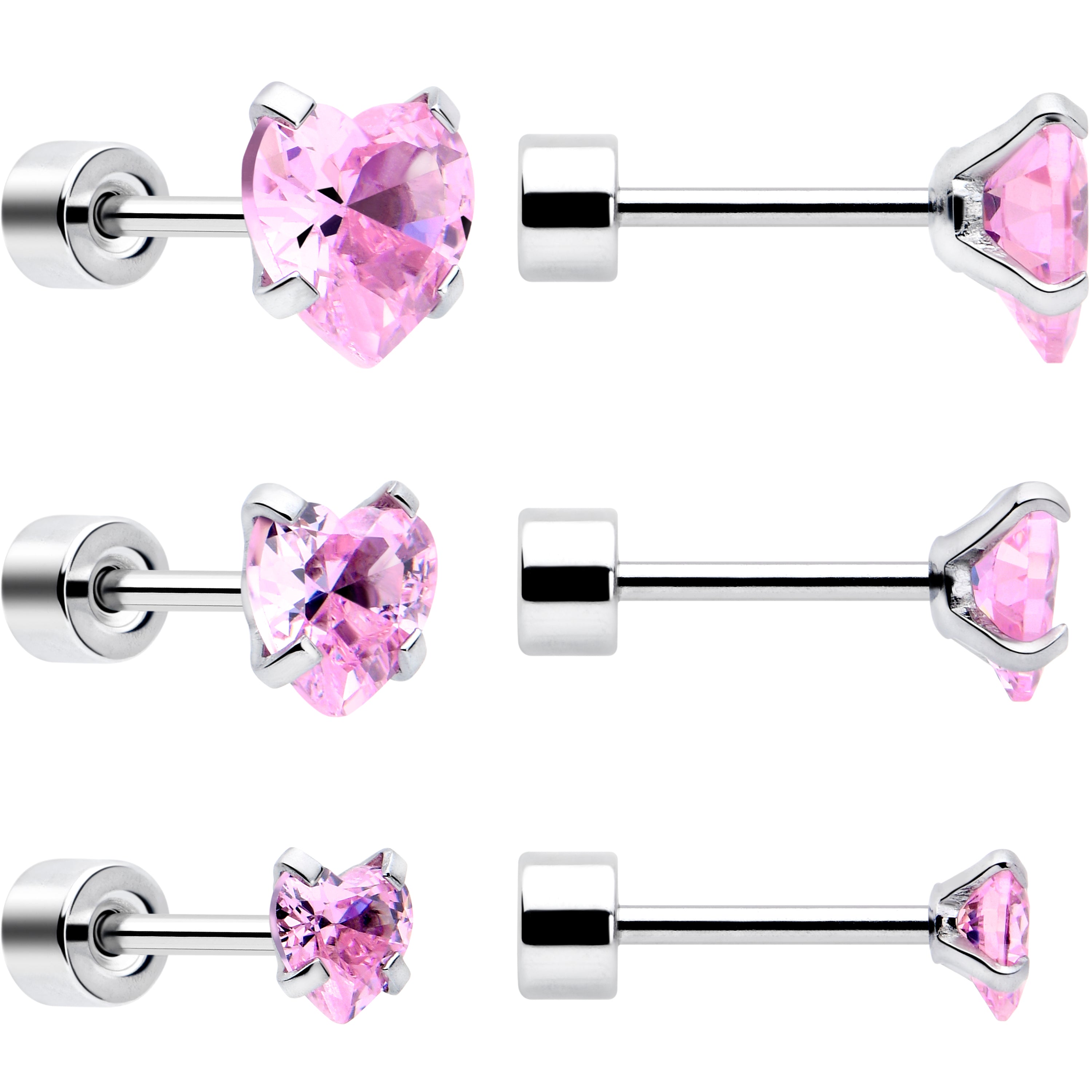 BodyCandy Pink Heart CZ Flat Back Stud Earrings - 3 Pairs — detail close-up