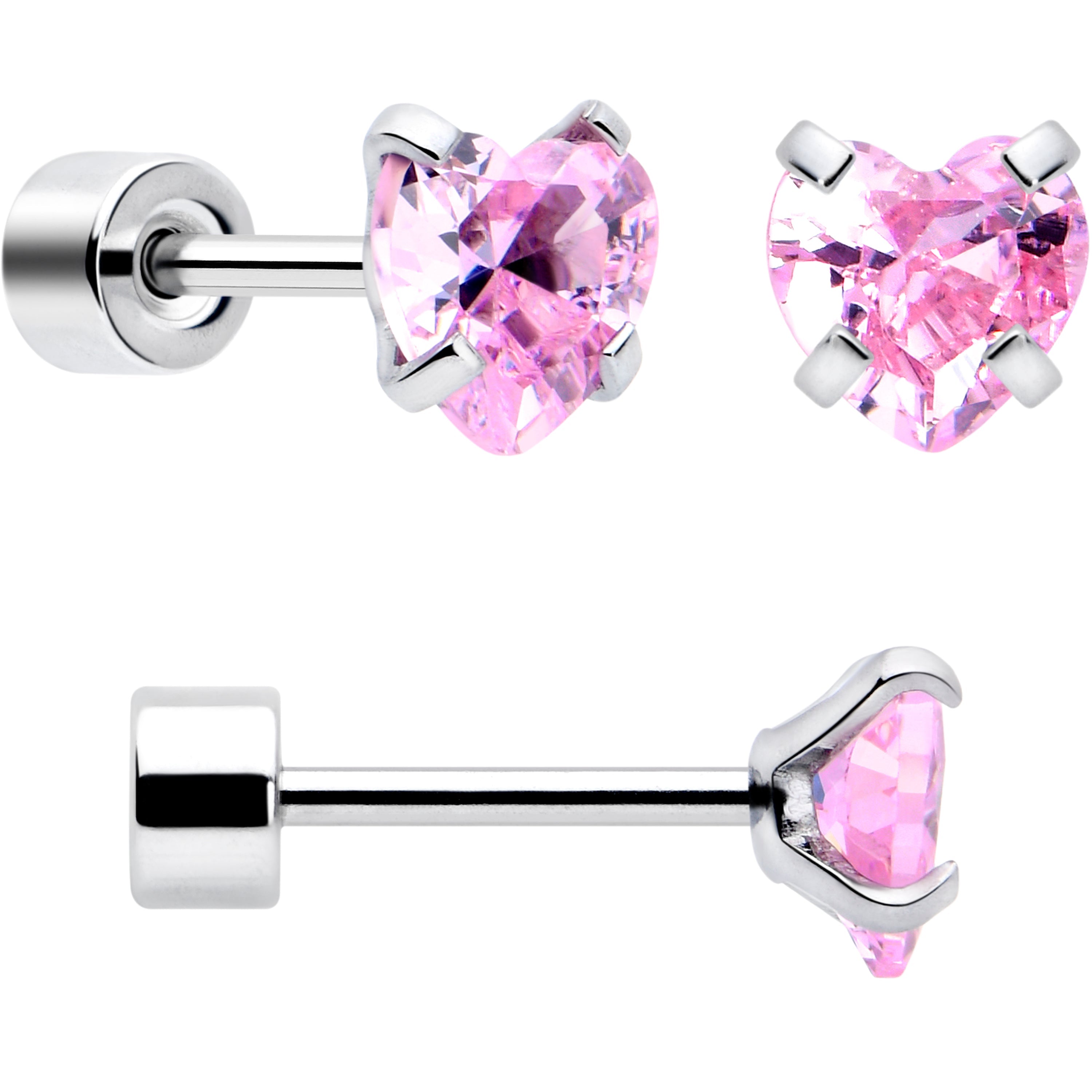 BodyCandy Pink Heart CZ Flat Back Stud Earrings - 3 Pairs — side view