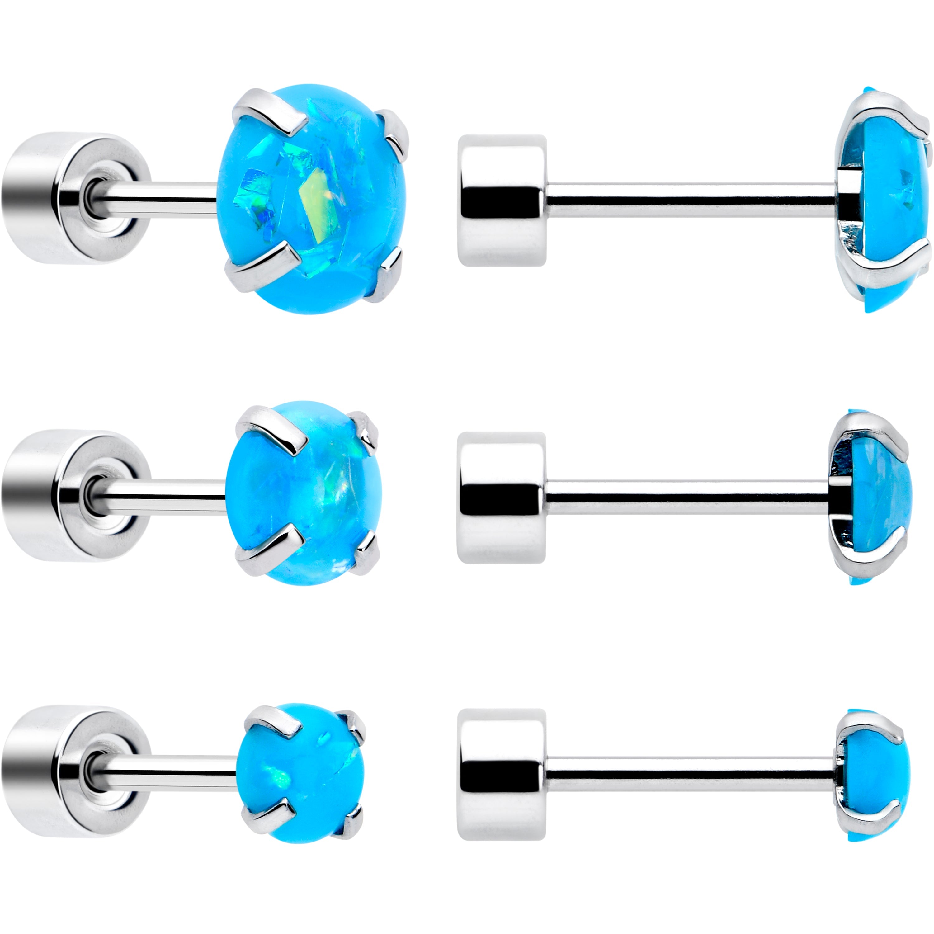 BodyCandy Blue Synthetic Opal Flat Back Stud Earrings - 3 Pairs — detail close-up