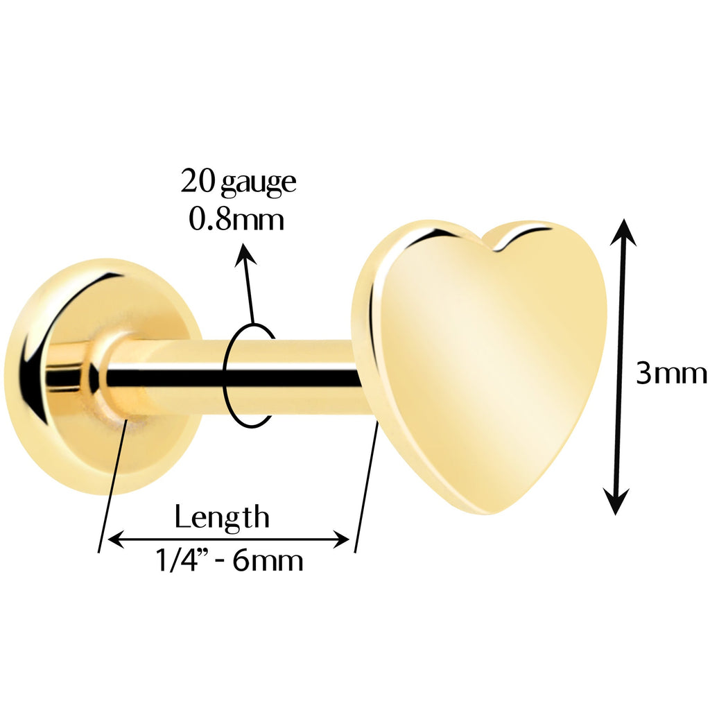 BodyCandy 14k Solid Yellow Gold 3mm Heart Threadless Push In Flat Back Stud — side view