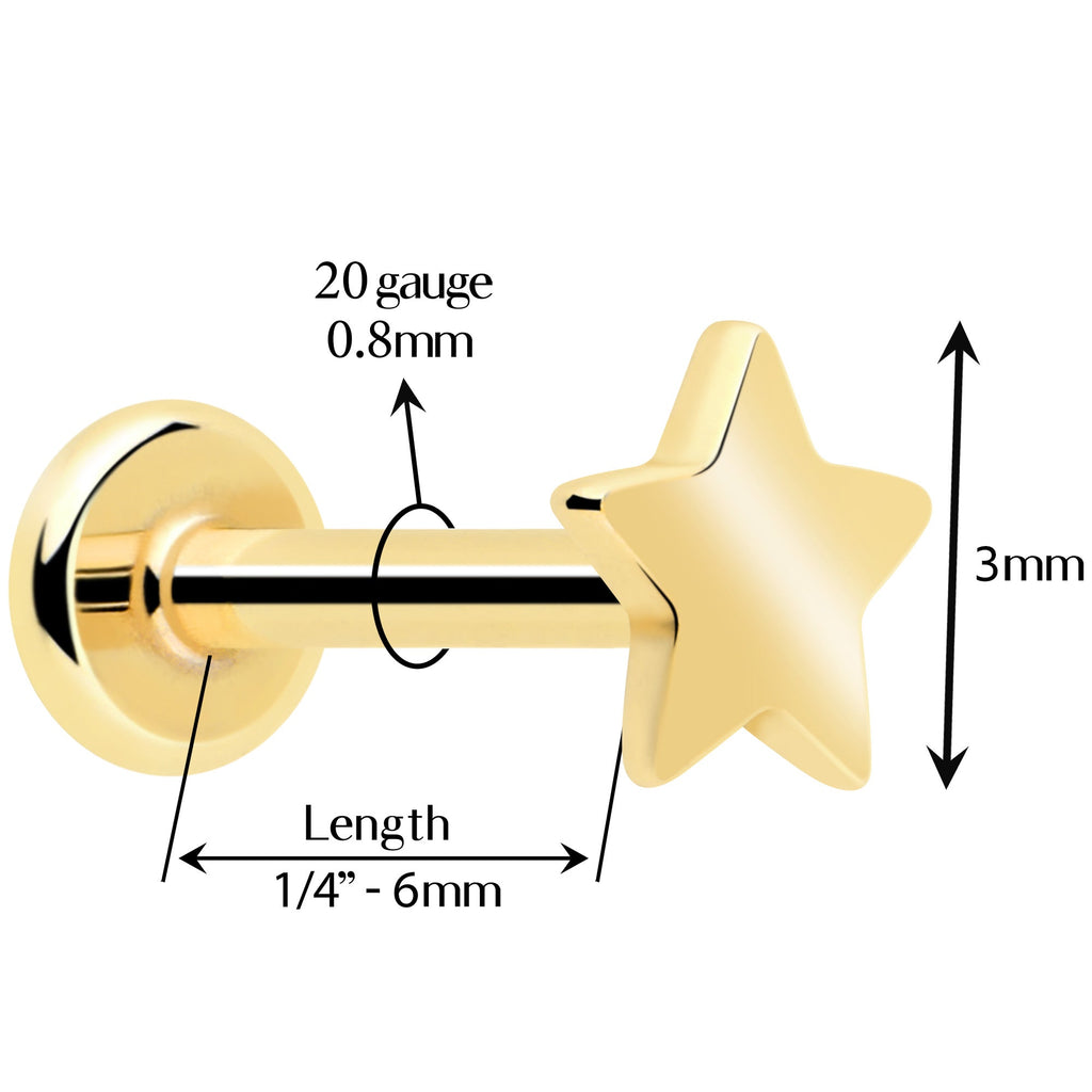 BodyCandy 14k Solid Yellow Gold 3mm Star Threadless Push In Flat Back Stud — side view
