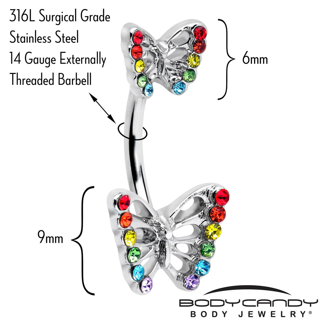 BodyCandy Rainbow Gem Pride Open Butterfly Double Mount Belly Ring — detail close-up