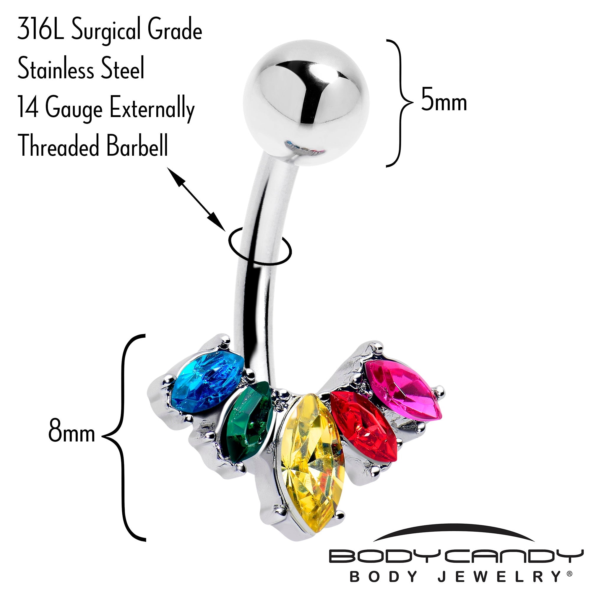 BodyCandy Rainbow Gem Pride Fancy Glam Belly Ring — detail close-up