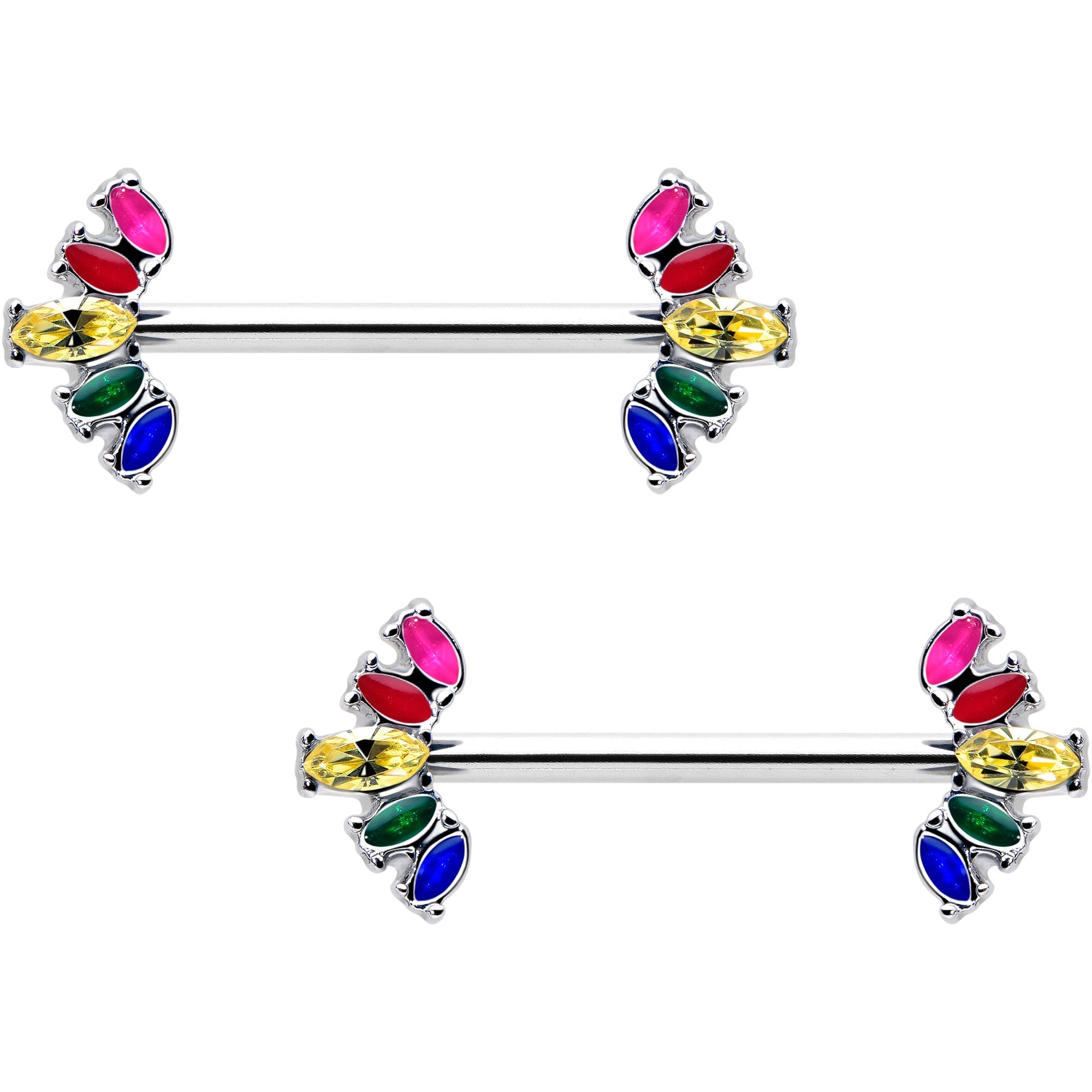 BodyCandy 14G 9/16 Rainbow Gem Pride Fancy Glam Nipple Ring Set — side view