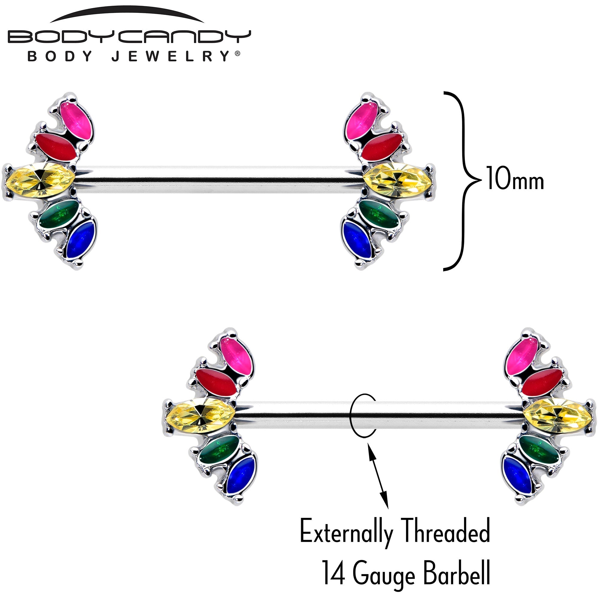 BodyCandy 14G 9/16 Rainbow Gem Pride Fancy Glam Nipple Ring Set — detail close-up
