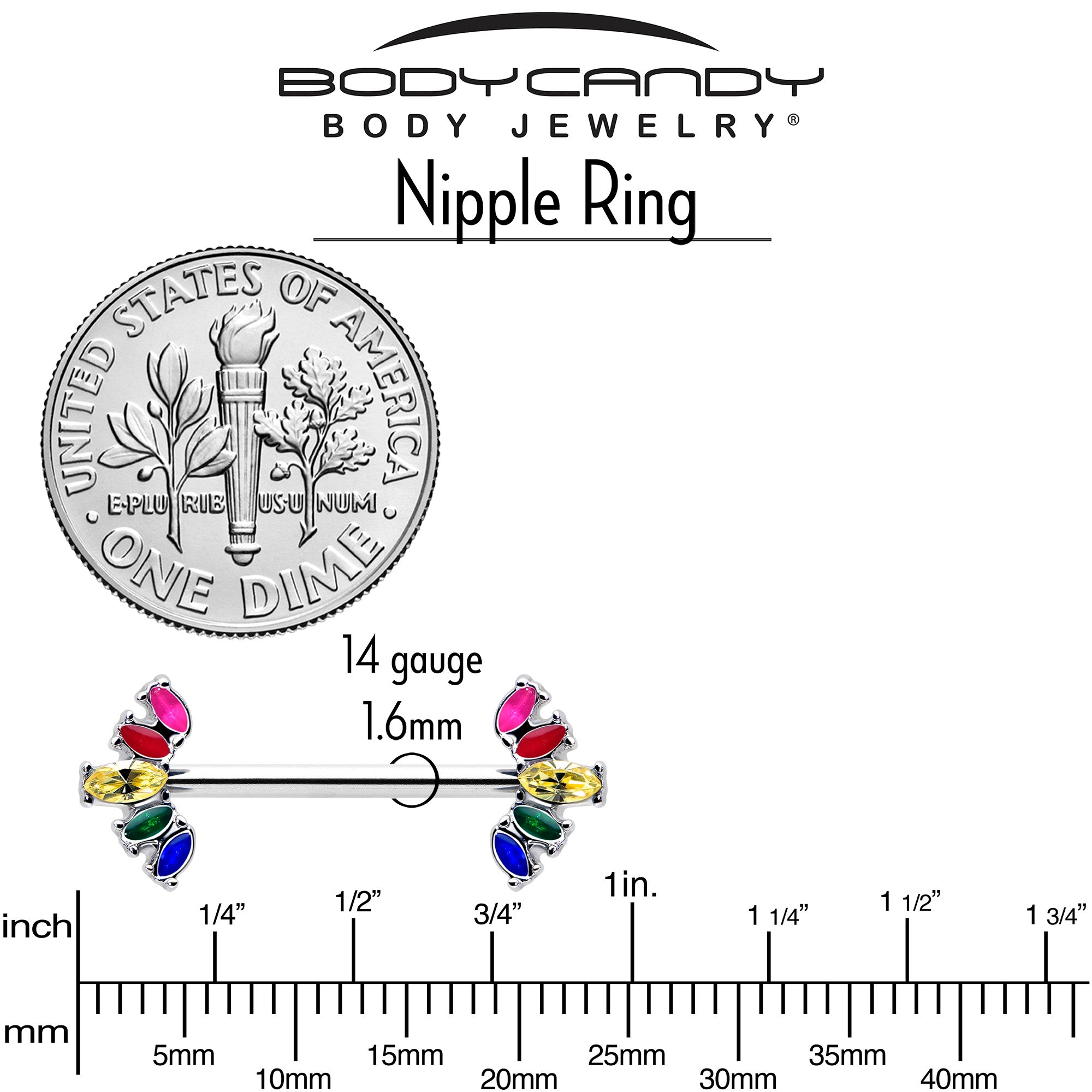 BodyCandy 14G 9/16 Rainbow Gem Pride Fancy Glam Nipple Ring Set — lifestyle context