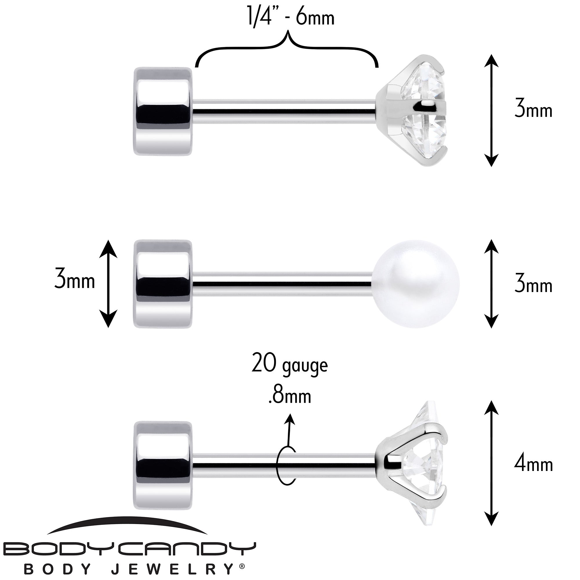 BodyCandy 20G Clear Gem White Orb Flatback Earring Set of 6 — in-use photo