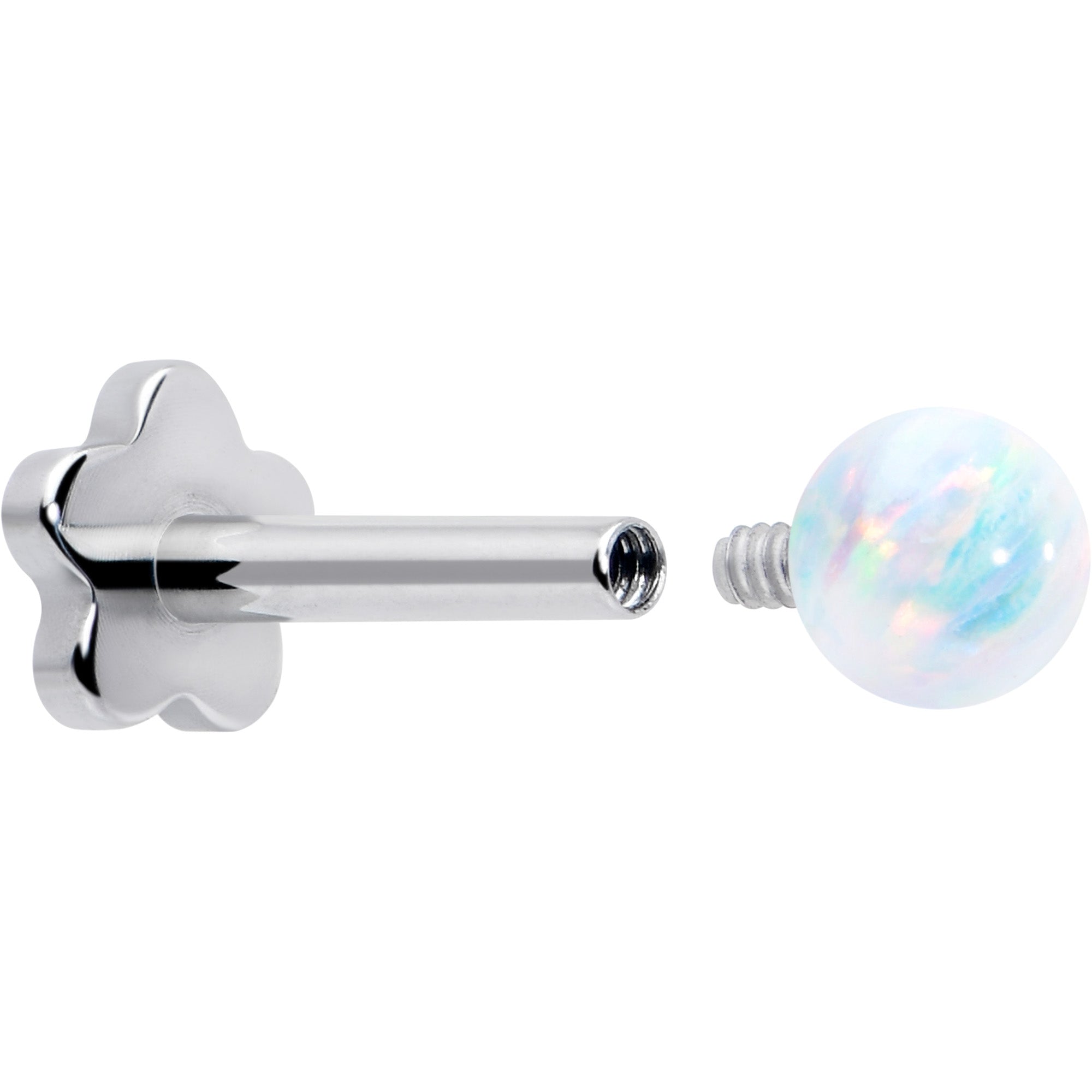 BodyCandy Titanium Reversible Flower Flat Back Stud 18G Synthetic Opal Ball — detail close-up