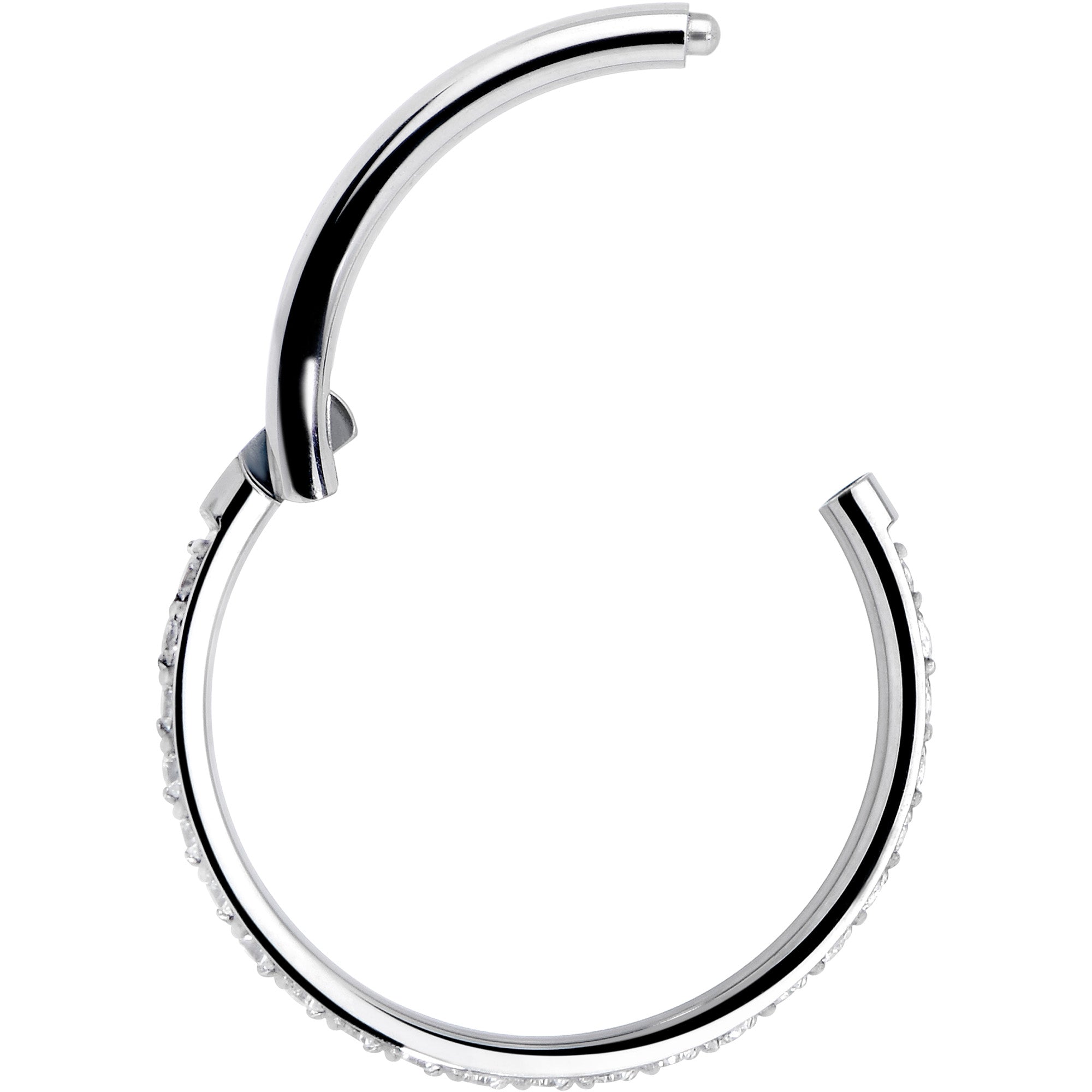 BodyCandy 18G 3/8 Clear CZ Gem Titanium Forward Facing Hinged Segment Ring — detail close-up