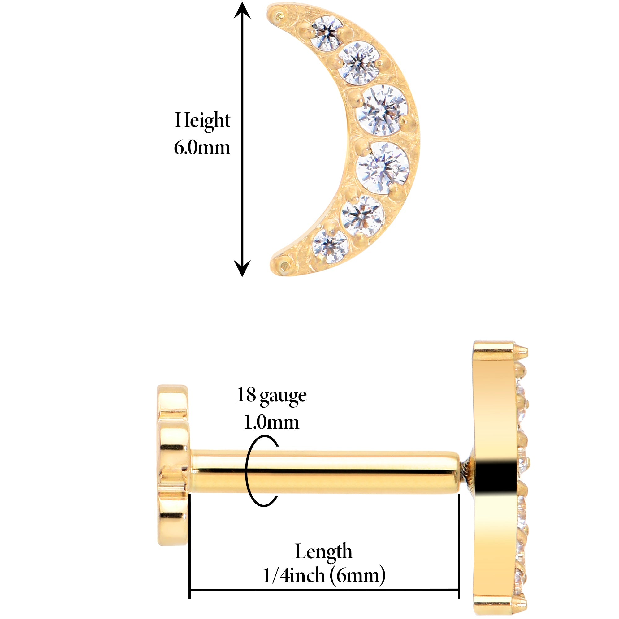 BodyCandy Titanium Flat Back Earring Gem Crescent Moon - 18G Threadless Reversible — detail close-up