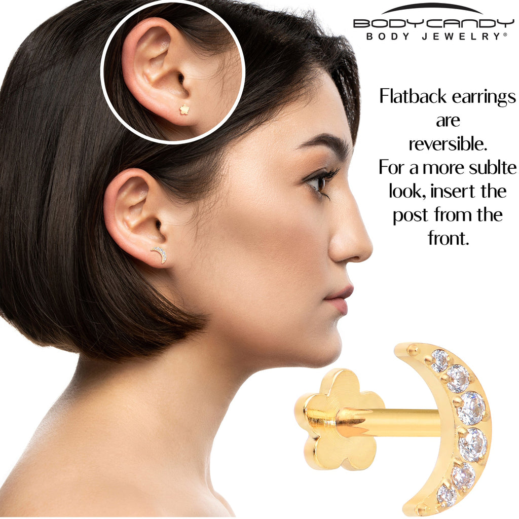 BodyCandy Titanium Flat Back Earring Gem Crescent Moon - 18G Threadless Reversible — back view