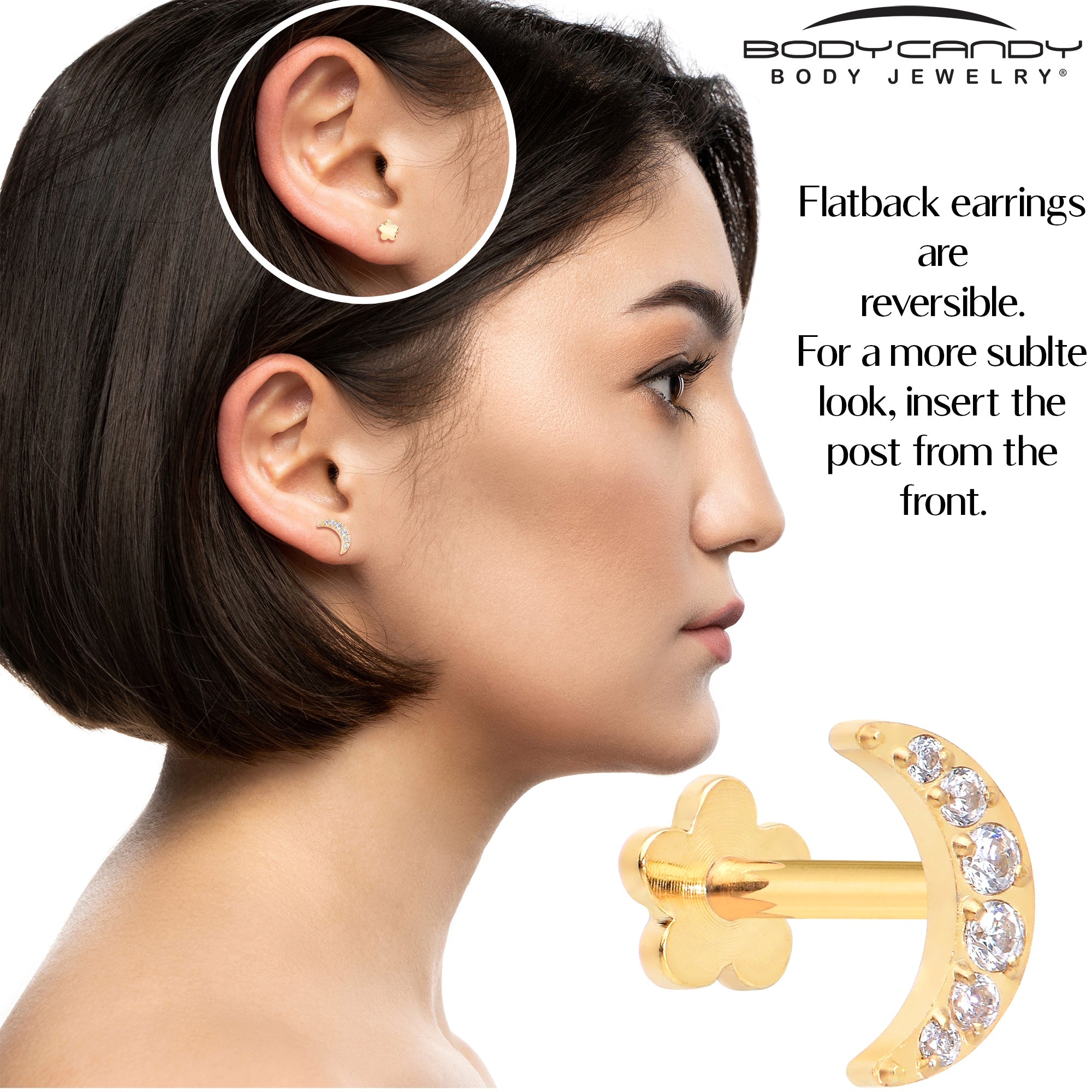 BodyCandy Titanium Flat Back Earring Gem Crescent Moon - 18G Threadless Reversible — back view