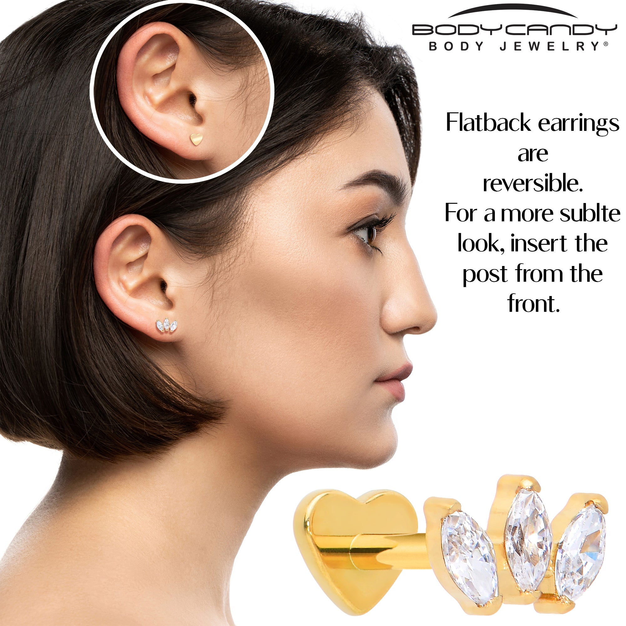BodyCandy Titanium Flat Back Earring Trio Gem- 18G Threadless Reversible Heart — alternative angle