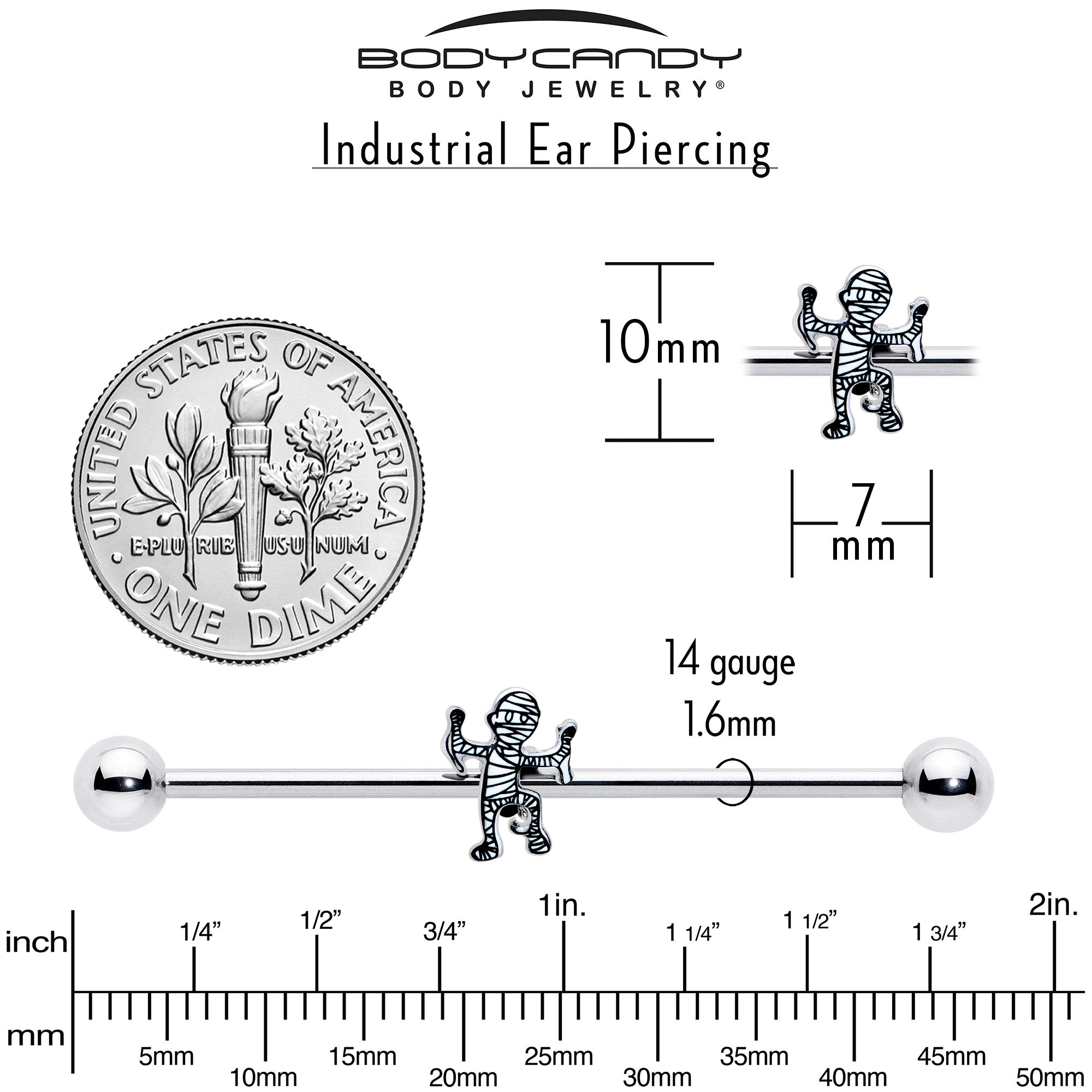 BodyCandy 14G Two Tone Halloween Mummy Industrial Barbell 38mm — side view