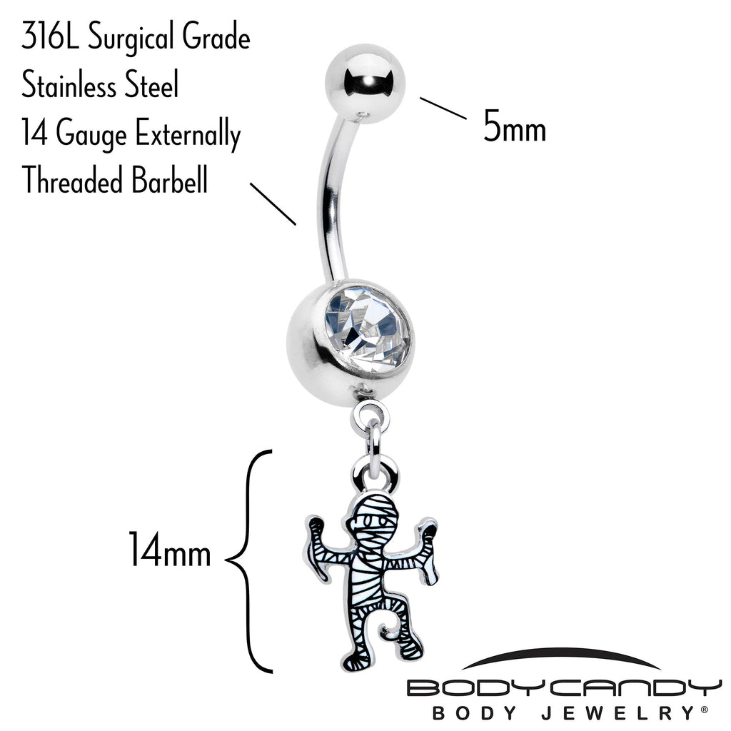 BodyCandy Clear Gem Two Tone Halloween Mummy Dangle Belly Ring — detail close-up