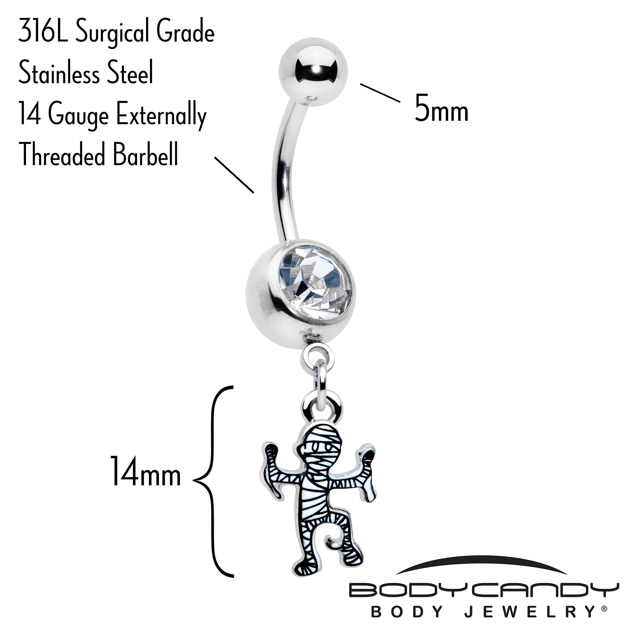 BodyCandy Clear Gem Two Tone Halloween Mummy Dangle Belly Ring — detail close-up