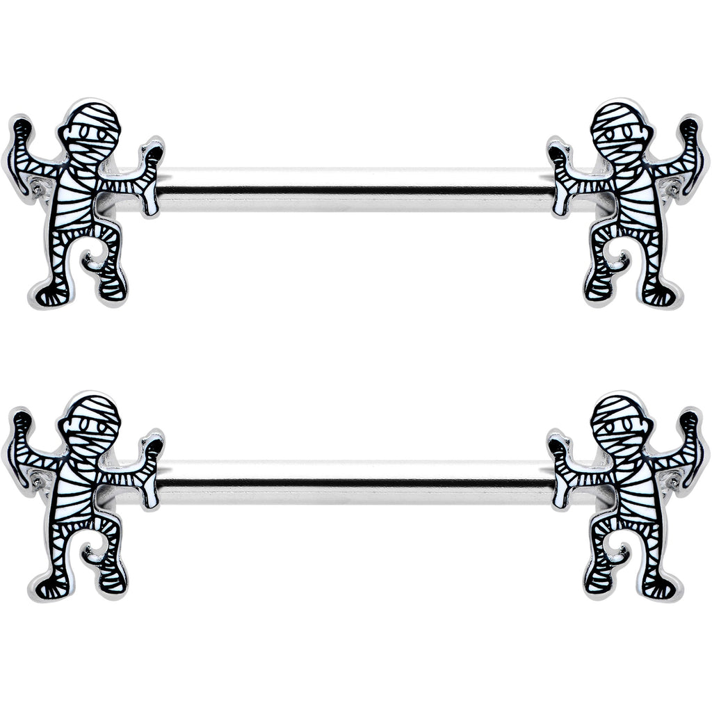 BodyCandy 14G 9/16 Two Tone Halloween Mummy Barbell Nipple Ring Set — detail close-up