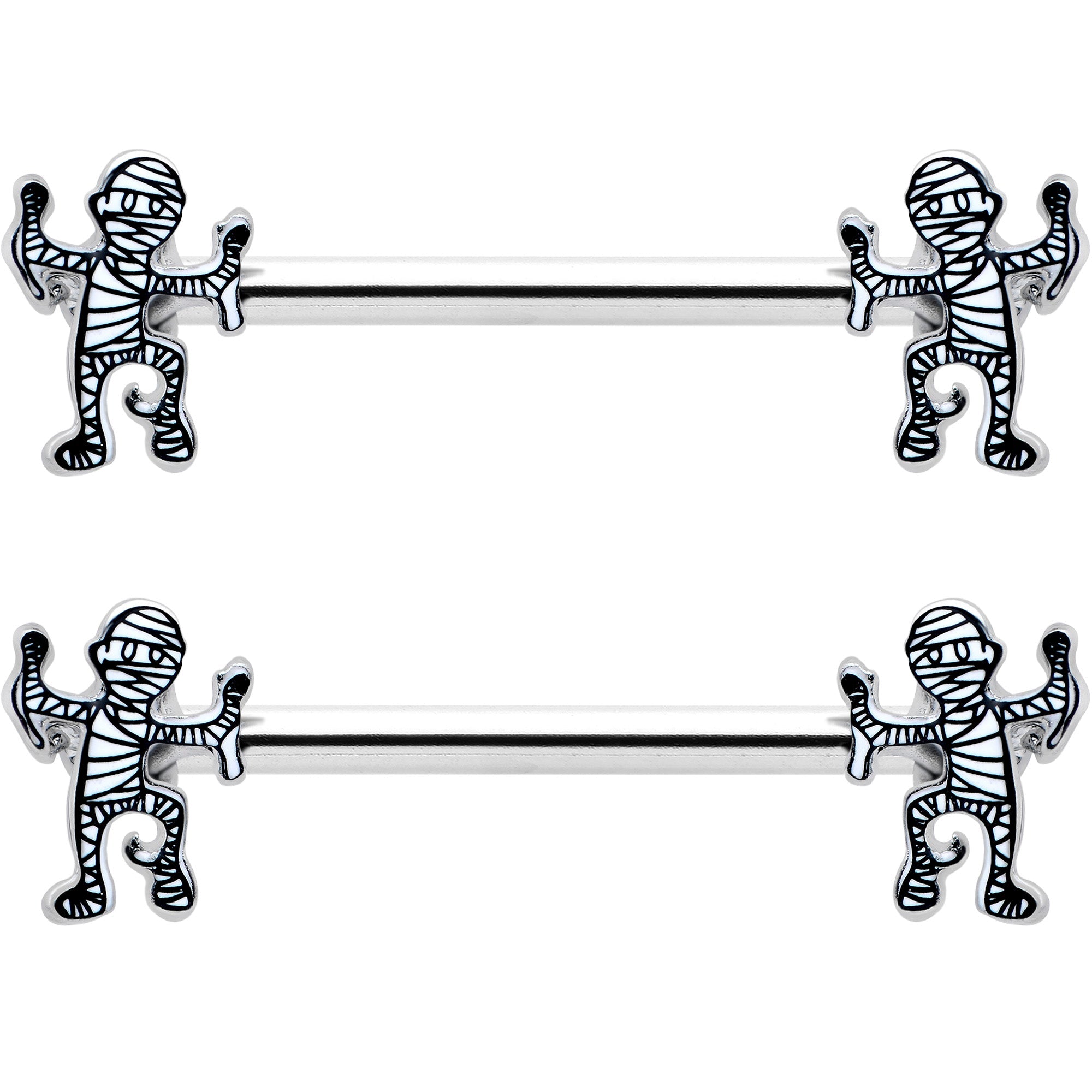 BodyCandy 14G 9/16 Two Tone Halloween Mummy Barbell Nipple Ring Set — detail close-up