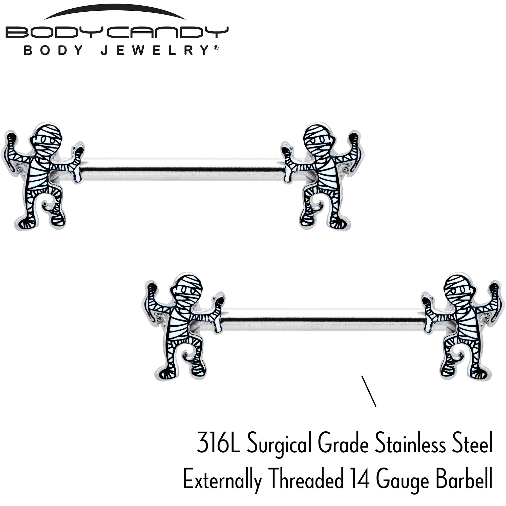 BodyCandy 14G 9/16 Two Tone Halloween Mummy Barbell Nipple Ring Set — lifestyle context