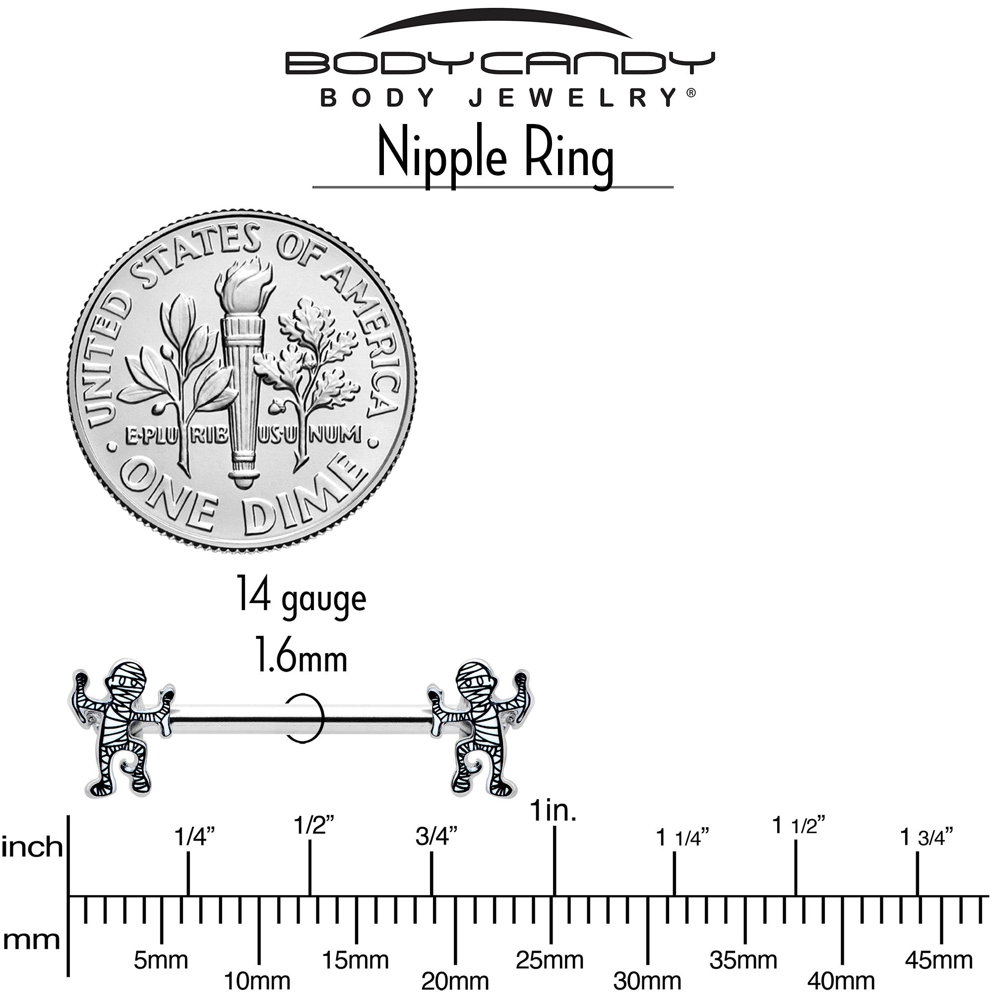 BodyCandy 14G 9/16 Two Tone Halloween Mummy Barbell Nipple Ring Set — side view