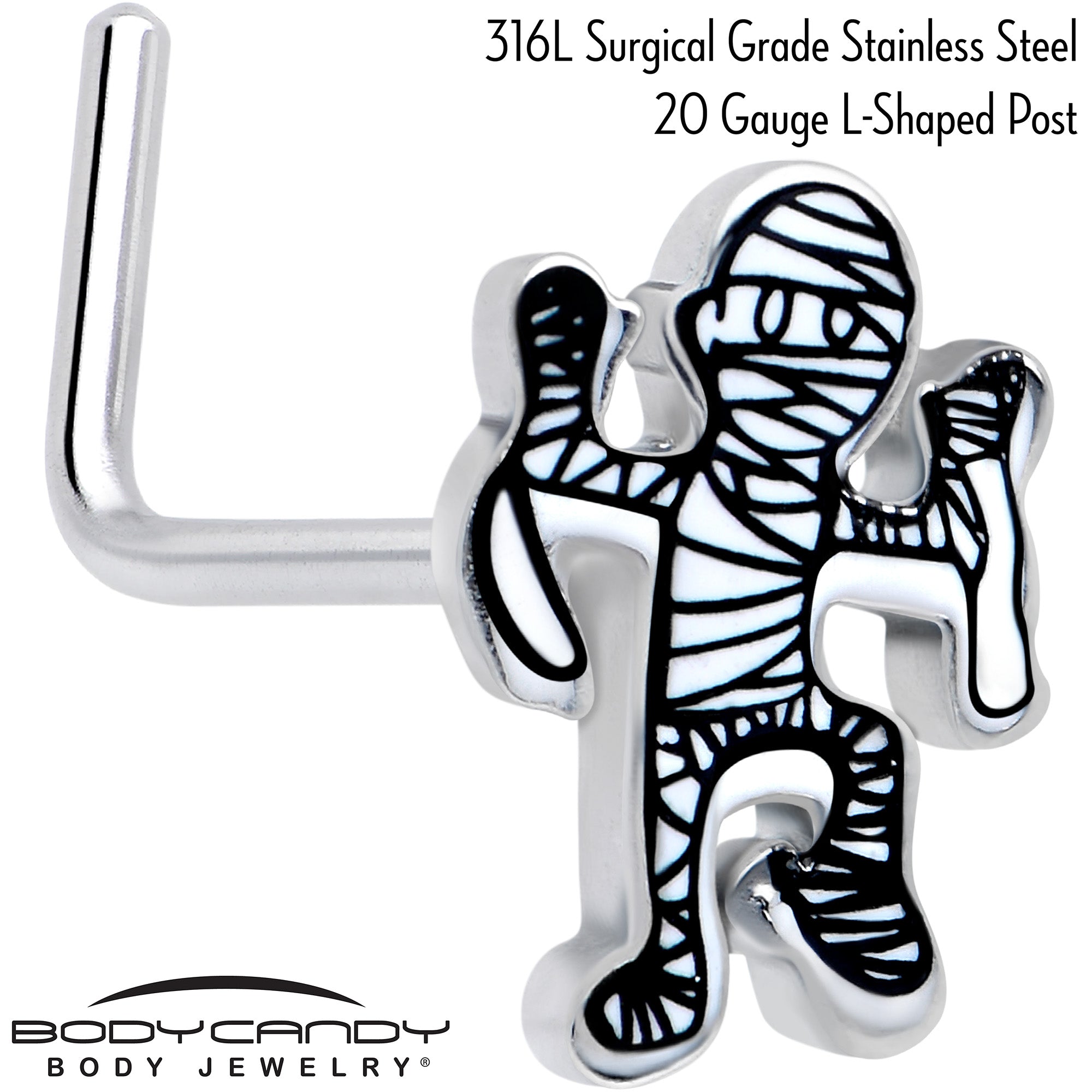 BodyCandy 20G 7mm Two Tone Halloween Mummy L Shape Nose Ring — detail close-up