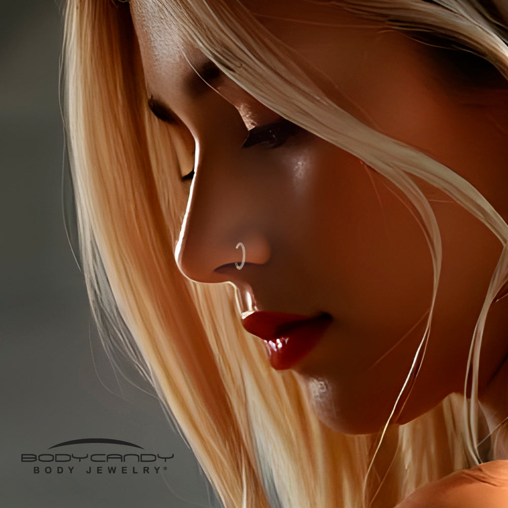 BodyCandy 20G Gold PVD Implant Grade Titanium Triple Sided Micro Gem Hinged Nose Hoop — in-use photo