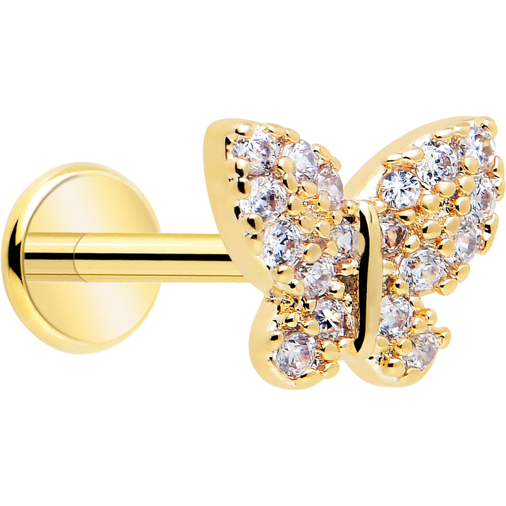 BodyCandy 18G 5/16 CZ Gem Butterfly Paved Threadless Push In Labret Tragus — detail close-up