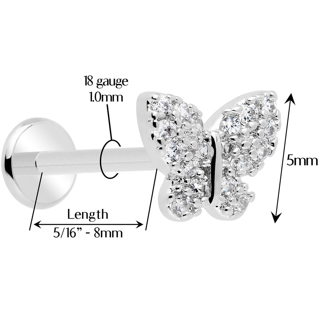 BodyCandy 18G 5/16 CZ Gem Butterfly Paved Threadless Push In Labret Tragus — back view