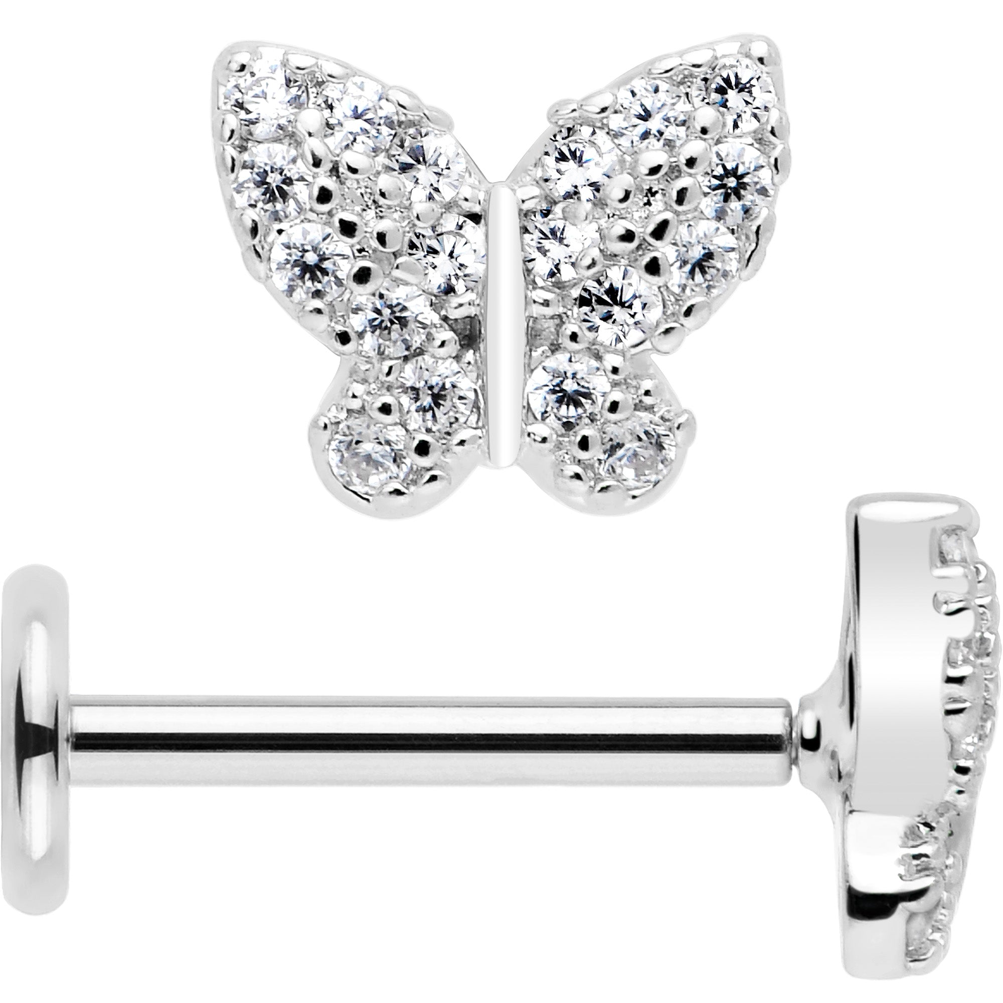 BodyCandy 18G 5/16 CZ Gem Butterfly Paved Threadless Push In Labret Tragus — alternative angle